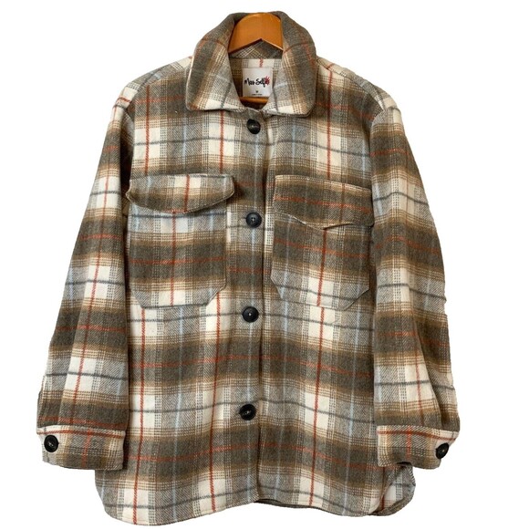 Miss Selfie Shacket Womens M Soft Fleece Brown Plaid Button Front Pockets - Picture 1 of 8